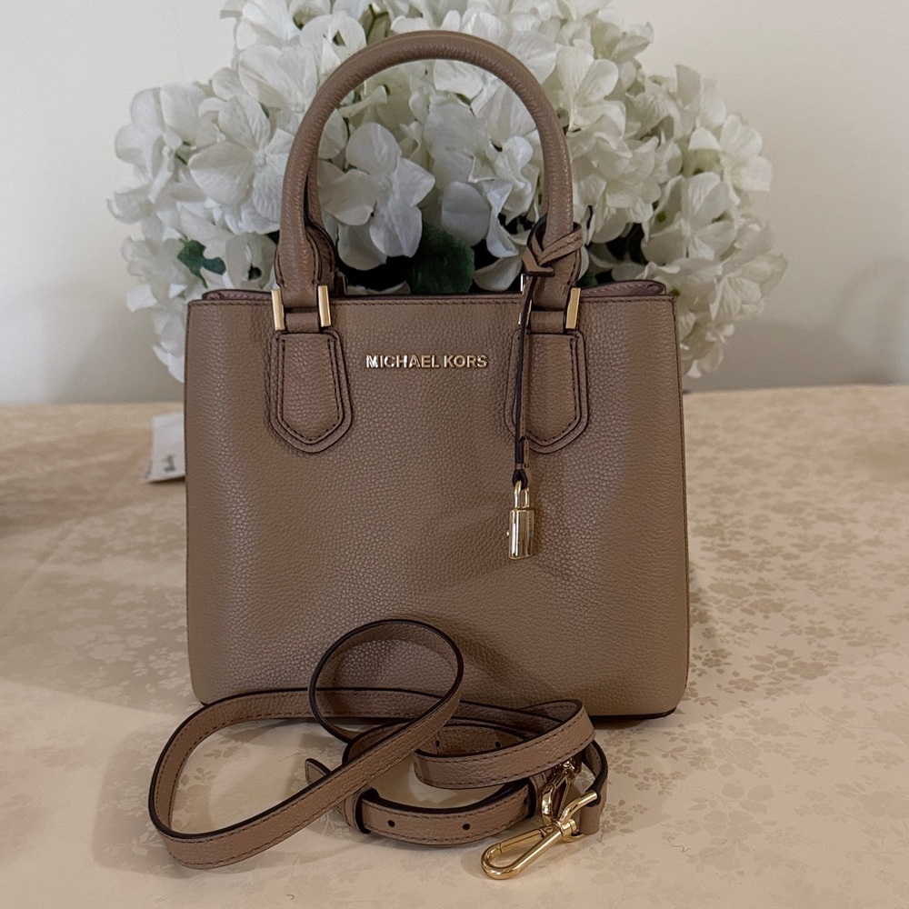 Michael Kors Adele Pebbled Leather Medium Messenger Satchel Bag Light Brown
